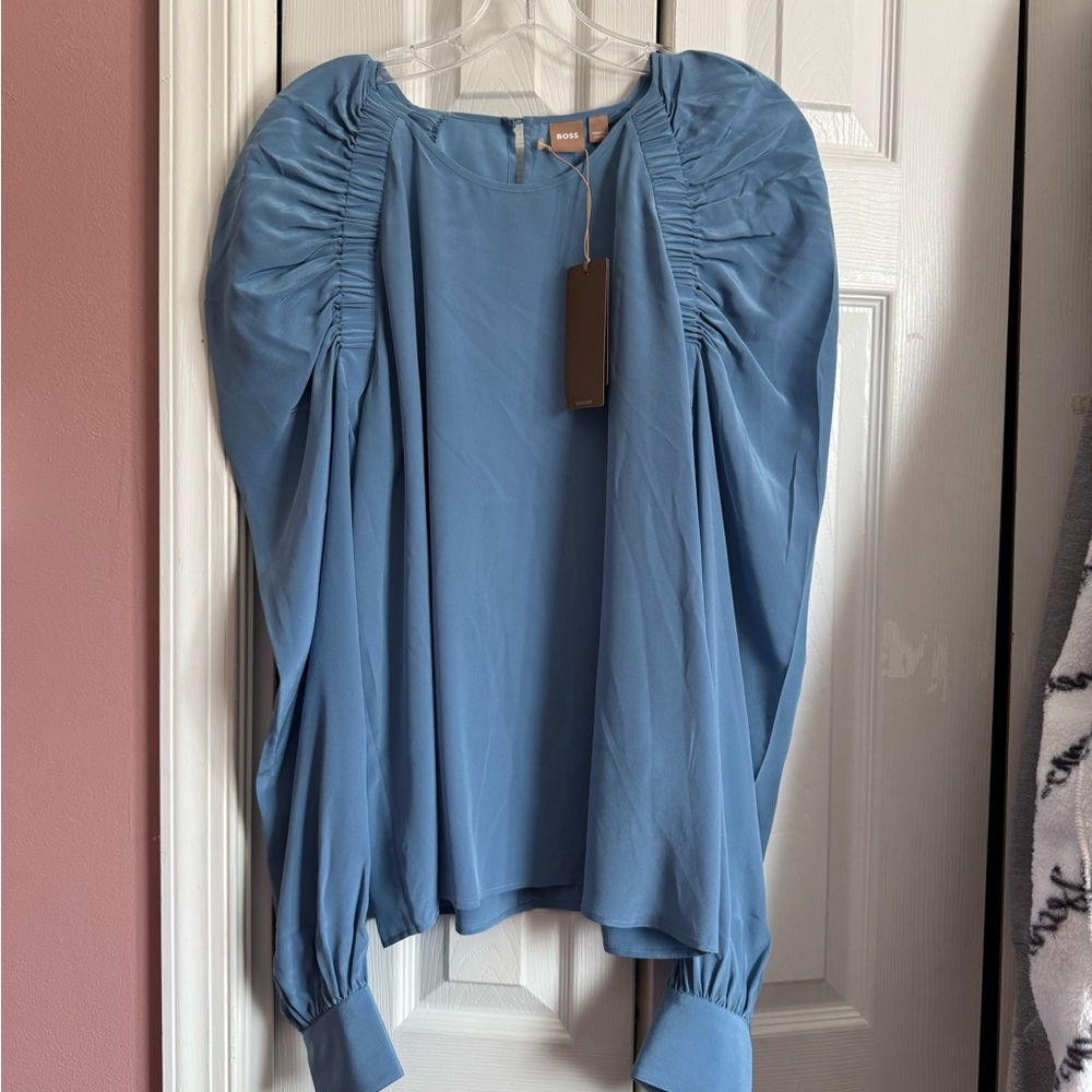 NWT Womens Hugo Boss Elegant Blue Ruched Blouse